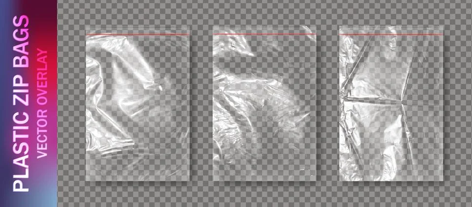 Realistic set of transparent plastic polyethylene zip bags overlay with shadows. Stock Illustration