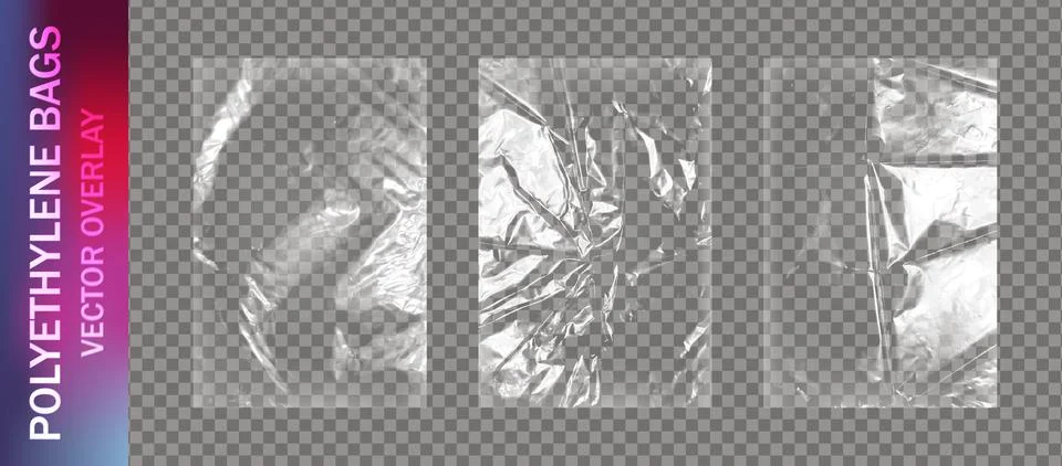 Realistic set of transparent plastic polyethylene bags overlay. Wrapping Stock Illustration