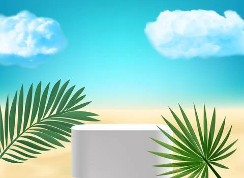 Realistic showcase with podium on a sand. 3d vector mockup with shadow over.. Stock Illustration