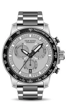 Realistic silver black clock watch chronograph face strap on white background Stock Illustration