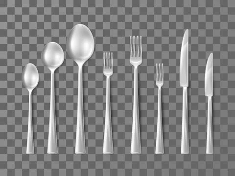 Realistic silverware. Metal cutlery. Flatware collection. 3D spoons. Top view of Stock Illustration
