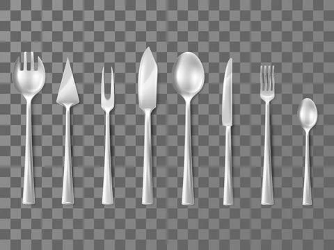 Realistic silverware. Metal cutlery. Flatware collection. 3D clean spoons. Top Stock Illustration