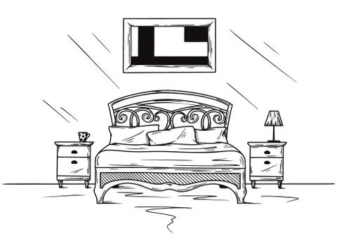 Realistic sketch of the bedroom. Hand drawn sketch of interior. Vector Stock Illustration