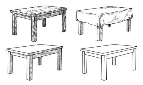 Realistic sketch of different tables in perspective. Table set. Vector Stock Illustration
