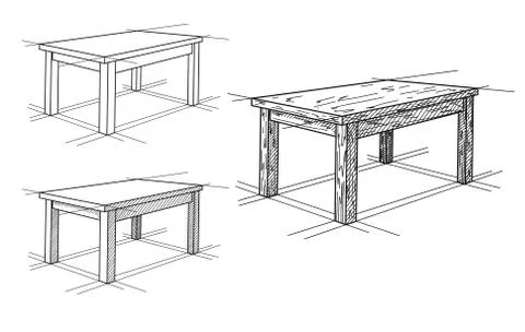 Realistic sketch of different tables in perspective. Table set. イラスト素材