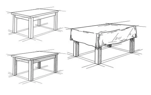 Realistic sketch of different tables in perspective. Table set. Stock Illustration