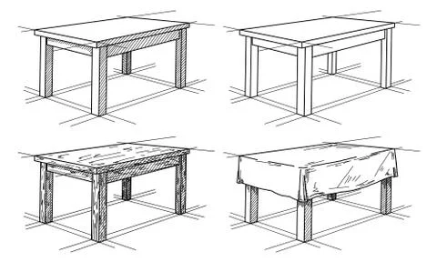 Realistic sketch of different tables in perspective. Table set. Vector Stock Illustration