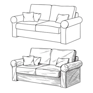 Realistic sketch of sofas isolated on white background. Vector Stock Illustration