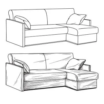 Realistic sketch of sofas isolated on white background. Vector Stock Illustration