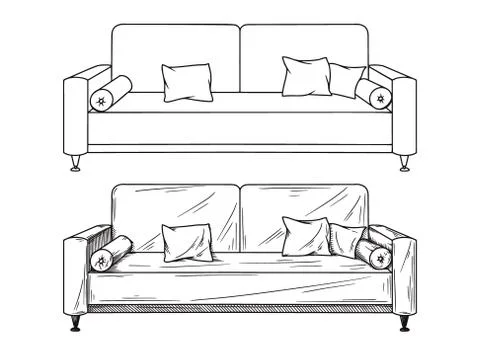 Realistic sketch of sofas isolated on white background. Vector Stock Illustration