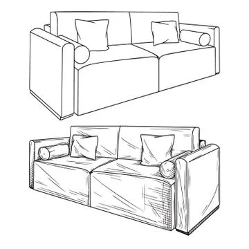 Realistic sketch of sofas isolated on white background. Vector Stock Illustration