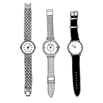Realistic sketch of a watch. Set of different watches. Stock Illustration