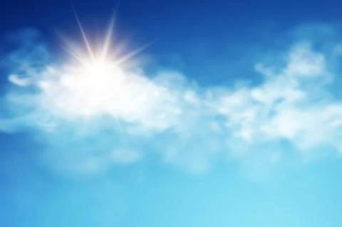 Realistic sky template with transparent cloud and sun. Blue background. Light Stock Illustration