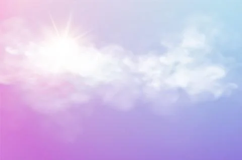 Realistic sky template with transparent cloud and sun. Blue background. Light Stock Illustration