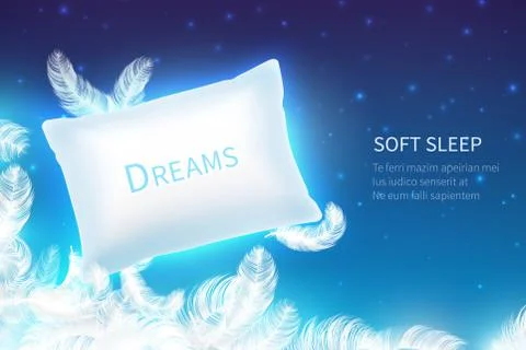 Realistic sleep concept. Soft sleep pillow with feathers, clouds and starry Stock Illustration