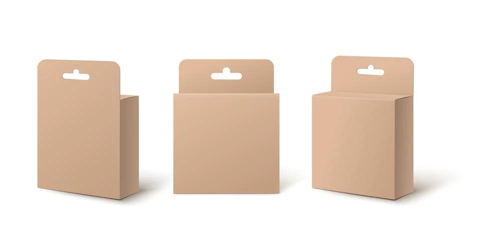 Realistic small retail package box mockup set from front, back and side view Stock Illustration