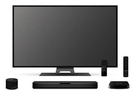 Realistic smart tv with remote control, sound bar, tv set-top box and smart s Stock Illustration