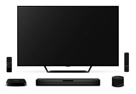 Realistic smart tv with remote control, sound bar, tv set-top box and smart s Stock Illustration