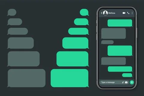 Realistic smartphone with messaging app. Blank SMS text frame. Conversation chat Illustrazione stock