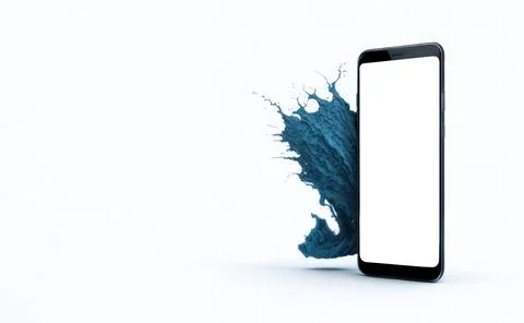 Realistic smartphone with water splashes behind blank screen mockup on blue.. Stock Illustration