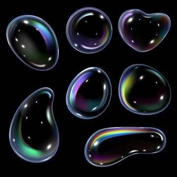 Realistic soap bubble with rainbow reflection vector set, glossy 3D volume water Stock Illustration