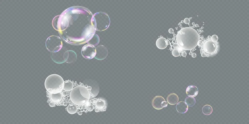 Realistic soap bubbles. bubbles on a transparent background. Stock Illustration