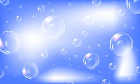 Realistic soap bubbles flying on the blue background with clouds. Stock Illustration