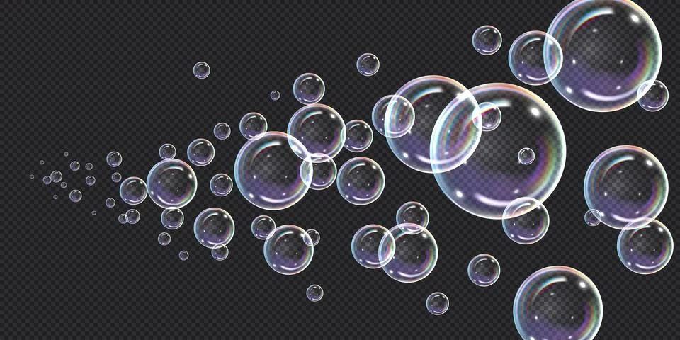 Realistic soap bubbles perspective view, vector glossy transparent volume circle 스톡 일러스트