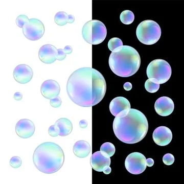 Realistic soap bubbles with rainbow reflection set isolated vector illustrati Stock Illustration