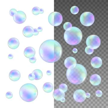 Realistic soap bubbles with rainbow reflection set isolated vector illustrati Stock Illustration