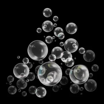 Realistic soap bubbles with rainbow reflection set isolated on the black back Stock Illustration