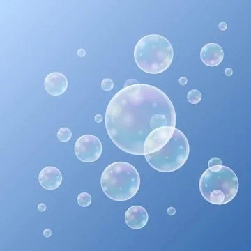 Realistic soap bubbles with rainbow reflection set isolated on the blue backg Stock Illustration