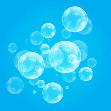 Realistic soap bubbles with rainbow reflection set isolated on the blue backg イラスト素材