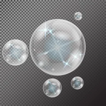 Realistic soap bubbles with rainbow reflection set isolated on the black tran Stock Illustration