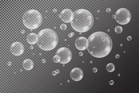 Realistic soap bubbles with rainbow reflection set isolated on the black tran Stock Illustration