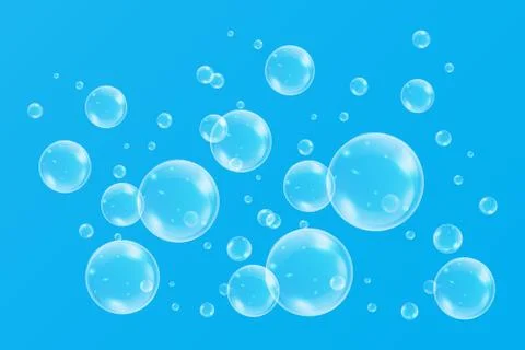 Realistic soap bubbles with rainbow reflection set isolated on the blue backg Stock Illustration