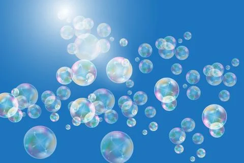 Realistic soap bubbles with rainbow reflection set isolated on the blue backg Stock Illustration