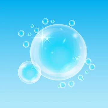 Realistic soap bubbles with rainbow reflection set isolated on the blue backg Stock Illustration