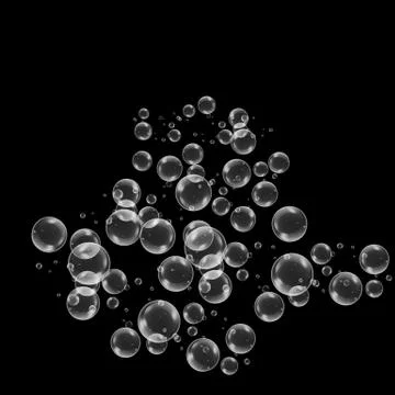 Realistic soap bubbles with rainbow reflection set isolated on the black back Stock Illustration