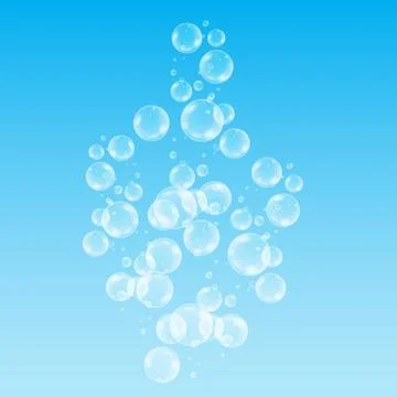 Realistic soap bubbles with rainbow reflection set isolated on the blue backg Stock Illustration