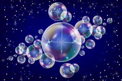 Realistic soap bubbles with rainbow reflection set isolated on the blue spark Stock Illustration