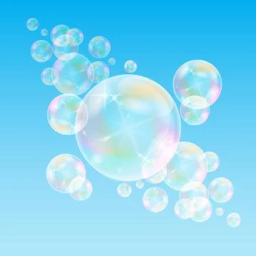 Realistic soap bubbles with rainbow reflection set isolated on the blue backg Stock Illustration
