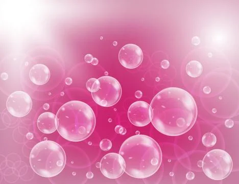 Realistic soap bubbles with rainbow reflection set isolated on the pink spark Stock Illustration