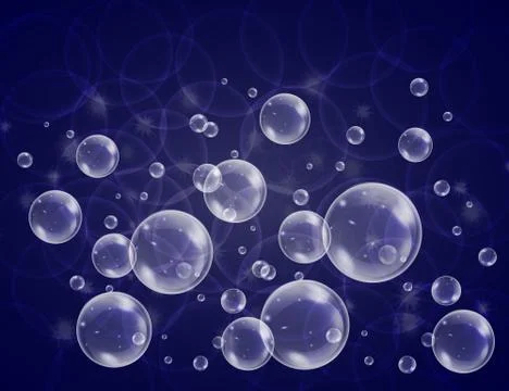 Realistic soap bubbles with rainbow reflection set isolated on the blue spark Stock Illustration
