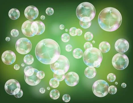Realistic soap bubbles with rainbow reflection set isolated on the green spar Stock Illustration