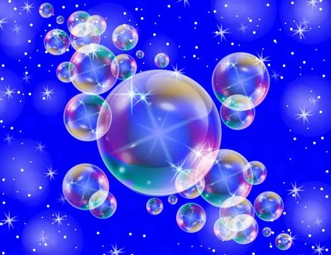 Realistic soap bubbles with rainbow reflection set isolated on the blue spark Stock Illustration
