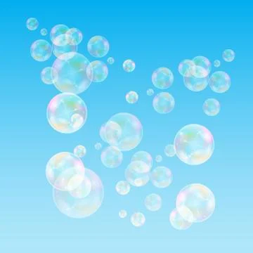 Realistic soap bubbles with rainbow reflection set isolated on the blue backg Stock Illustration