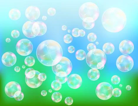Realistic soap bubbles with rainbow reflection set isolated on the blue spark Stock Illustration