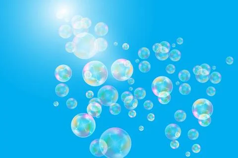 Realistic soap bubbles with rainbow reflection set isolated on the blue backg Stock Illustration