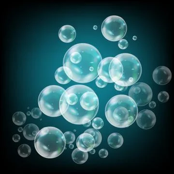 Realistic soap bubbles with rainbow reflection set isolated on the blue backg イラスト素材